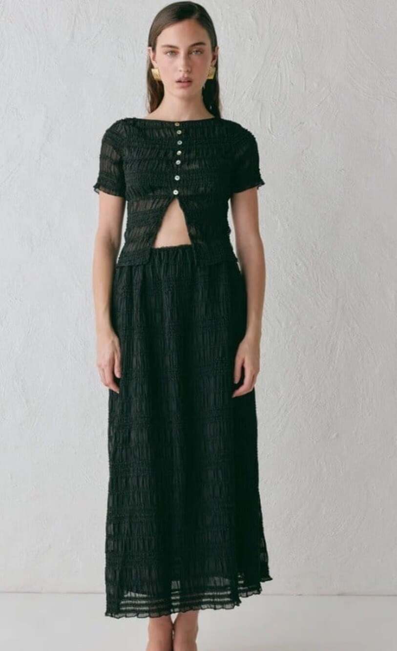 VRG GRL Mia Midi Skirt, Shirred Plisse Elastic Waist Black Size 8 Lined